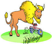 Cartoon buffalo pushing a lawn mower.